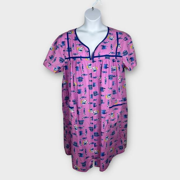 Moon Dance Purple House Dress Coat Teapot Print Zip Front Muu Muu XL - Picture 1 of 6